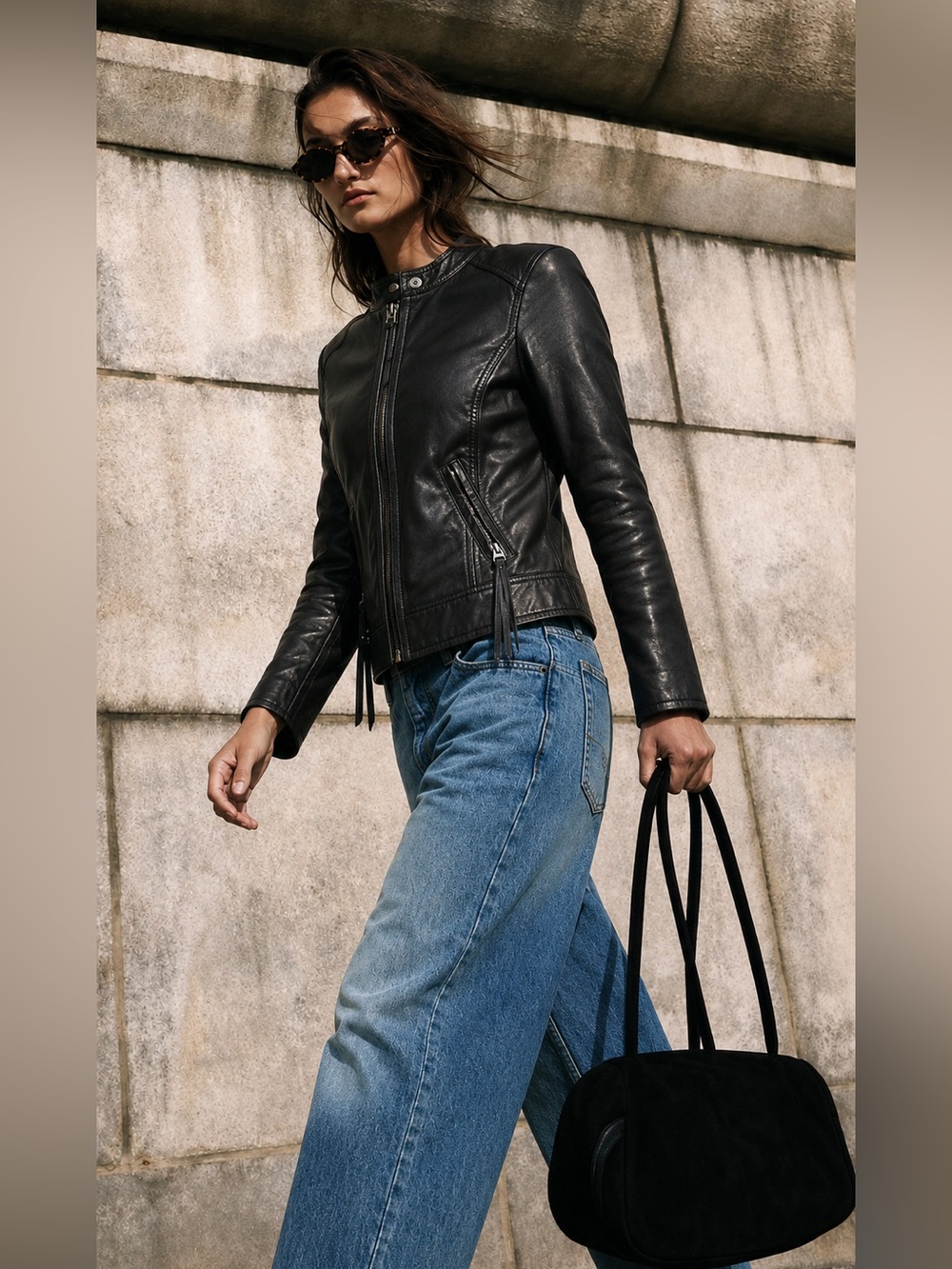 Vintage Street Legal Classic Leather Moto Jacket Mandarin Collar Fringe Zippers